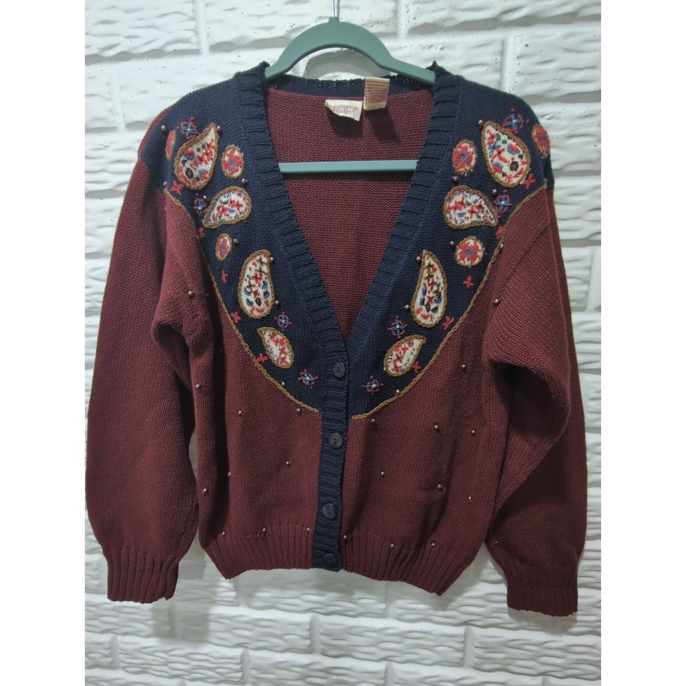 Huntington Ridge Vintage Paisley Beaded Cardigan Sweater Burgundy Navy Medium